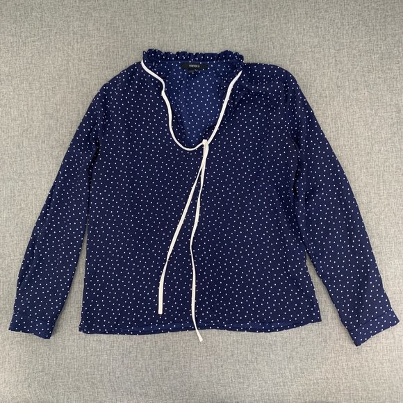 Forever 21 Long Sleeve Pull Over Blouse Navy Blue White Polka Dots Small Ruffled - Picture 1 of 11